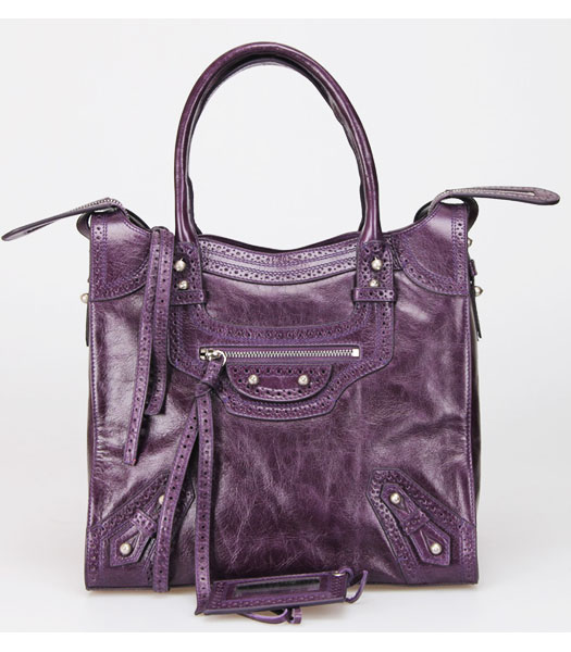 Balenciaga Hyacinth Import Purple Blue Oil Leather Bag Pearl Silver Nails