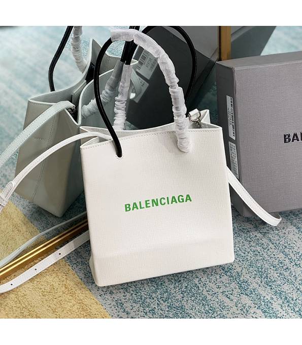 Balenciaga North South Green Logo White Original Lambskin Leather Shopping Tote Bag
