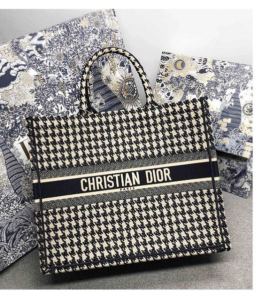 Christian Dior Blue Houndstooth Embroidery Canvas 41cm Book Tote Bag