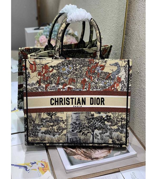 Christian Dior Fortune Tree Embroidered Canvas 41cm Book Tote Bag Apricot