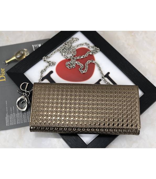 Christian Dior Golden Original Cannage Topstitching Leather Clutch With Silver Chain