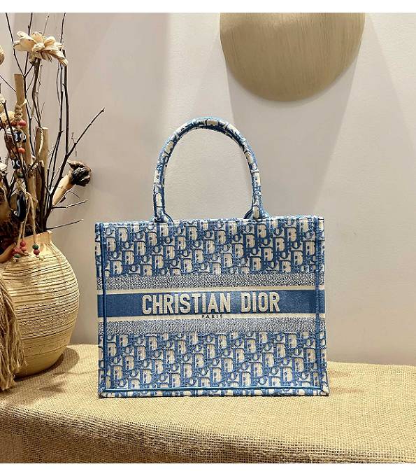 Christian Dior Light Blue Oblique Jacquard Canvas With Original Leather 36cm Book Tote Bag