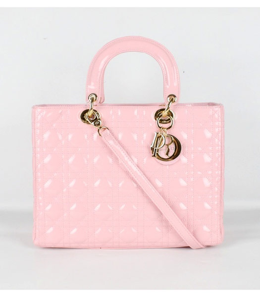 Dior Large Lady Cannage Gold D Tote Bag Pink Patent Leather