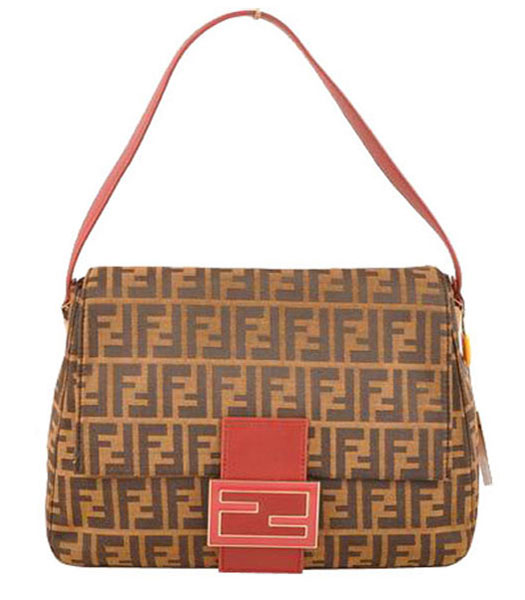 Fendi Big Mamma FF Fabric With Red Leather Handbag