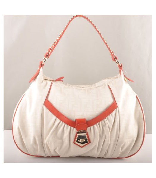 Fendi Canvas Shoulder Bag with Red Lambskin Leather Trim