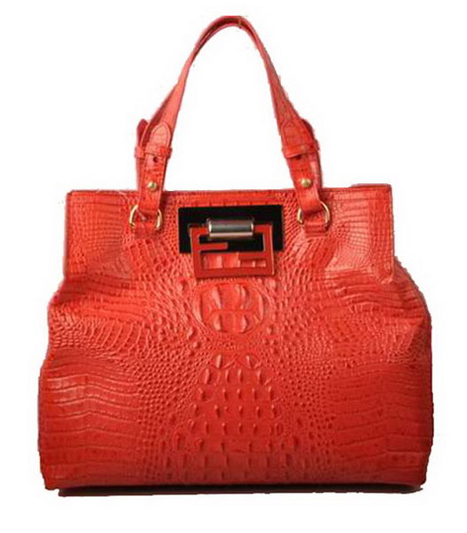 Fendi Croc Veins Calfskin Leather Handbag Red
