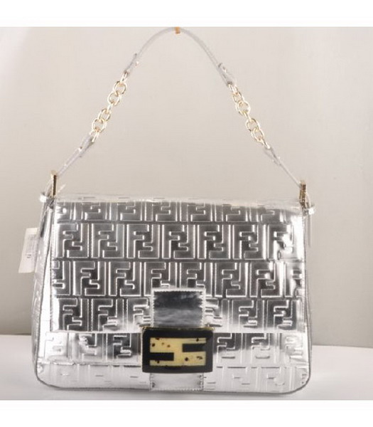 Fendi Forever Mama Large Flap Bag Silver Patent Embossed Leather