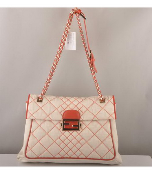 Fendi Maxi Baguette Shoulder Bag White Canvas with Red Leather