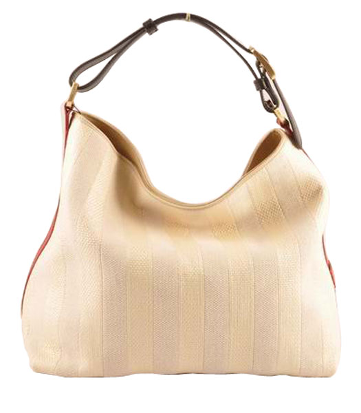 Fendi Offwhite Striped Linen With RedBlack Leather Large Hobo Bag