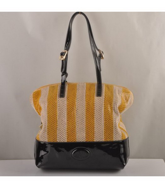 Fendi Tote Bag Yellow&Apricot Snake Leather with Black Patent Leather