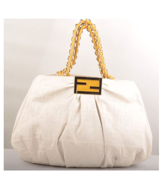Fendi White F Canvas Shoulder Bag with Yellow Oil Leather Trim