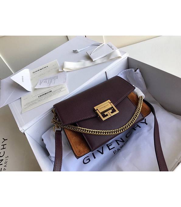 Givenchy GV3 Brown Original Scrub With Wine Red Palm Veins Calfskin Leather Golden Metal Small Shoulder Bag