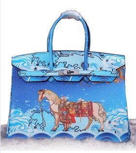 Hermes Birkin 35cm Blue Horse Printing Tote Bag Gold Metal