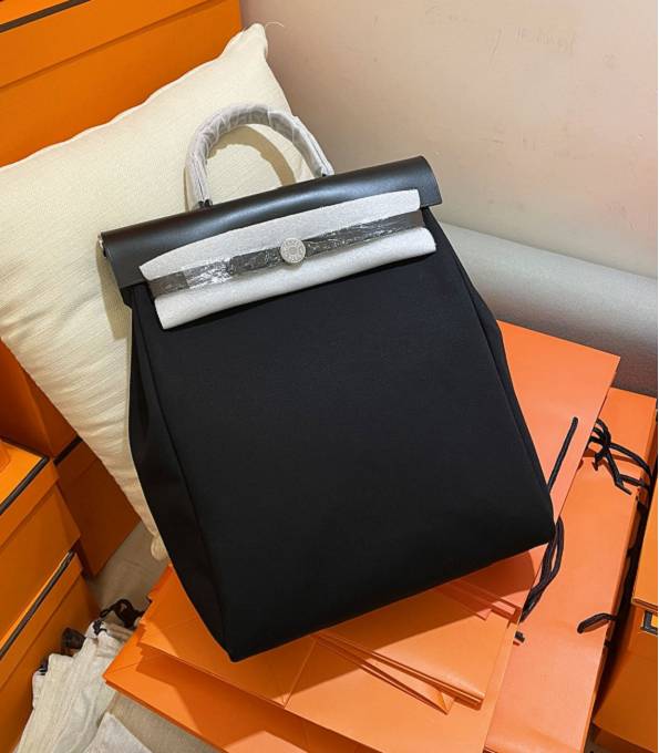 Hermes Hac A Dos GM Backpack Black Canvas With Original Togo Leather Silver Metal