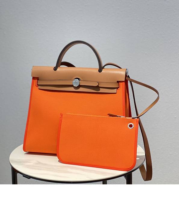 Hermes Herbag Orange Canvas With Brown Original Leather 31 Zip Tote Handbag
