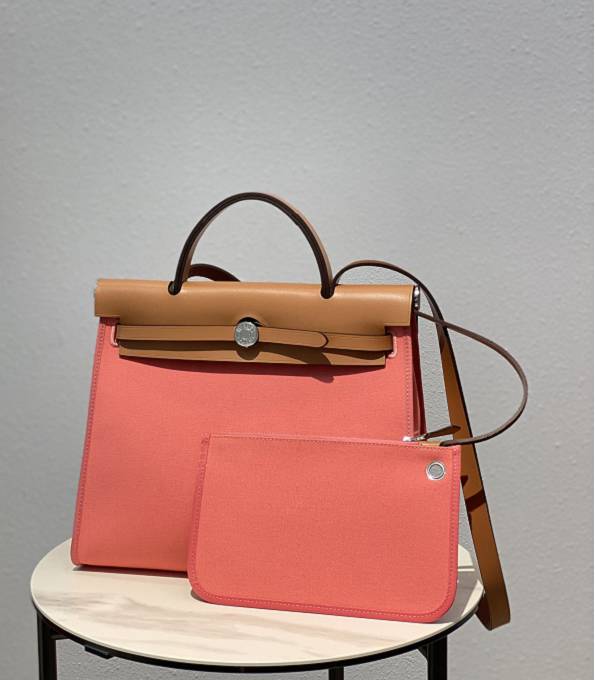 Hermes Herbag Pink Canvas With Brown Original Leather 31 Zip Tote Handbag
