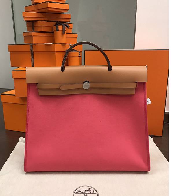 Hermes Herbag Pink Canvas With Brown Original Leather 39 Zip Tote Handbag