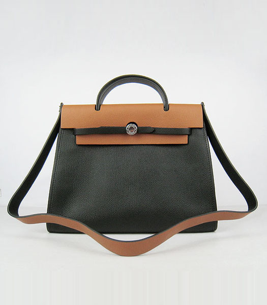 Hermes Kelly 32cm Black with Light Coffee Leather Silver Lock 