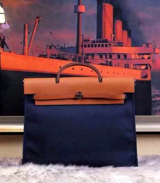 Hermes Kelly 32cm Dark Blue Fabric with Earth Yellow Leather Silver Lock