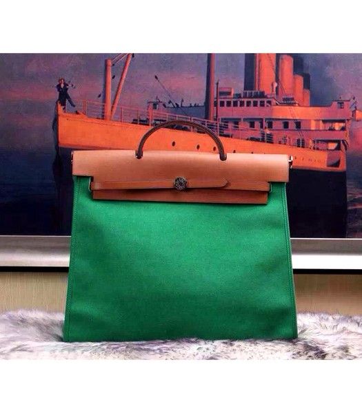 Hermes Kelly 32cm Green Fabric with Earth Yellow Leather Silver Lock