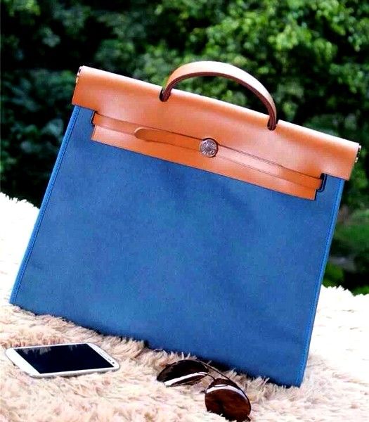Hermes Kelly 32cm Light Blue Fabric with Earth Yellow Leather Silver Lock