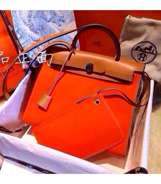 Hermes Kelly 32cm Orange Fabric with Earth Yellow Leather Silver Lock