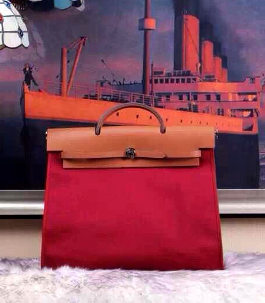 Hermes Kelly 32cm Red Fabric with Earth Yellow Leather Silver Lock