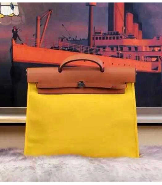 Hermes Kelly 32cm Yellow Fabric with Earth Yellow Leather Silver Lock