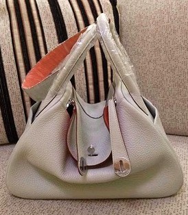 Hermes Lindy 34cm Pearl GreyLobster Pink Togo Leather Silver Metal Bag