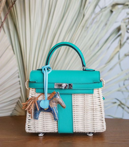 Hermes Mini Kelly Picnic 20cm Bag Woven Wicker Lake Green Imported Leather Silver Metal