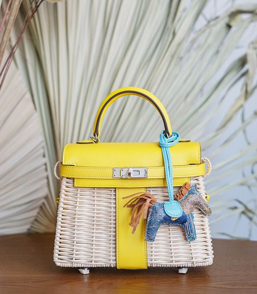 Hermes Mini Kelly Picnic 20cm Bag Woven Wicker Yellow Imported Leather Silver Metal
