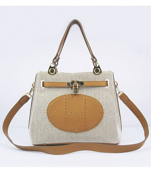 Hermes Mini So Kelly Bag Fabric with Light Coffee Togo Leather Golden Metal