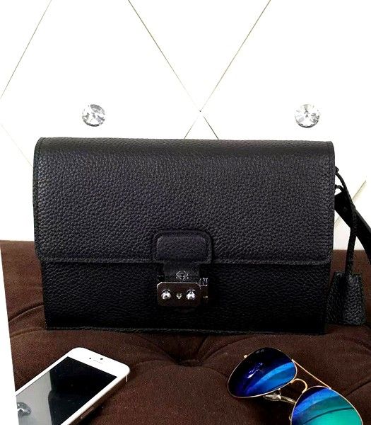 Hermes New Style Litchi Veins Leather Clutch Black