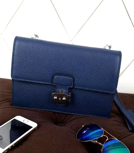 Hermes New Style Litchi Veins Leather Clutch Sapphire Blue