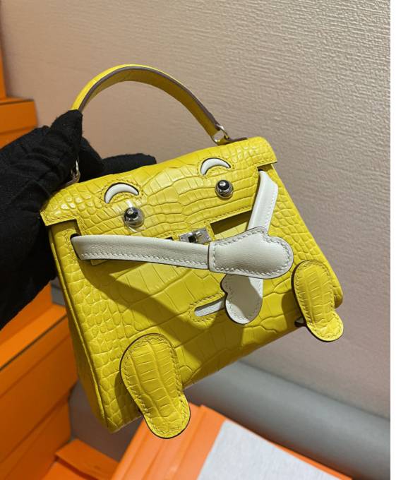 Hermes Quelle Idole Kelly Doll Bag Yellow Real Croc Leather