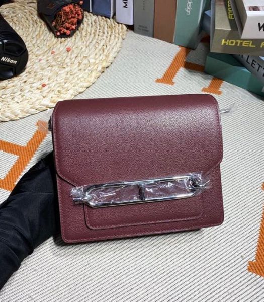 Hermes Roulis Mini 19cm Bag Wine Red Imported Leather Silver Metal