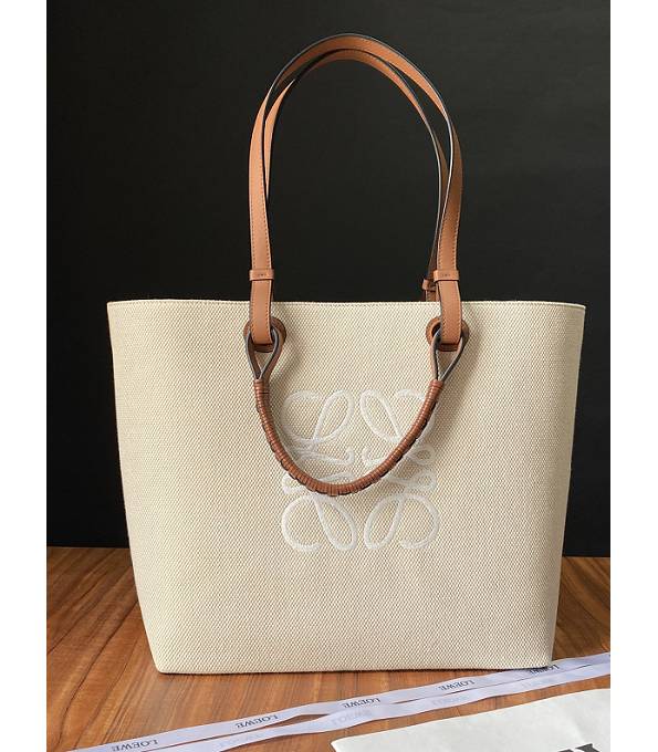 Loewe White Embroidery Canvas With Brown Original Calfskin Leather Anagram 32cm Tote Bag