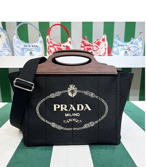 Prada Black Original Nylon 35cm Tote Bag With Wooden Handle