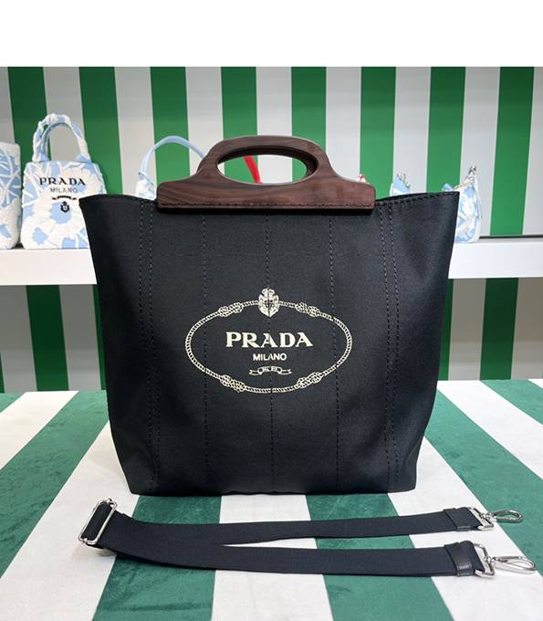 Prada Black Original Nylon 39cm Tote Bag With Wooden Handle