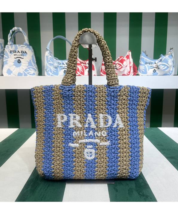Prada Blue Original Raffia Small Tote Bag