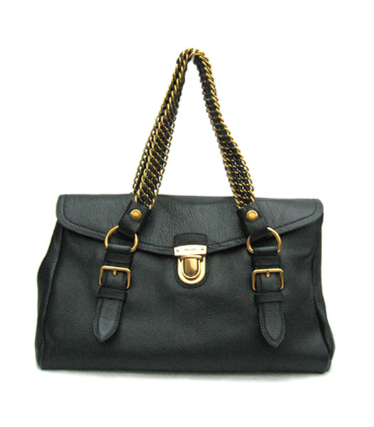 Prada Chain Flap Tote Bag in Black Calfskin_BR4275L