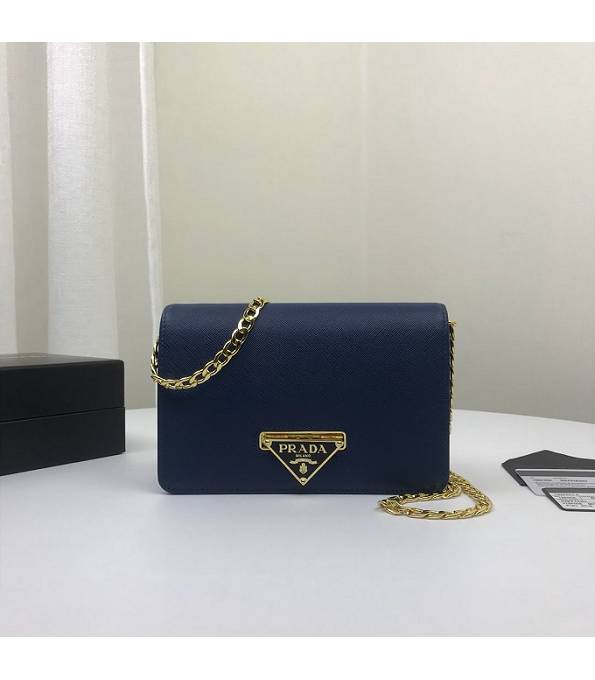 Prada Dark Blue Original Saffiano Cross Veins Leather Golden Metal Small Shoulder Bag