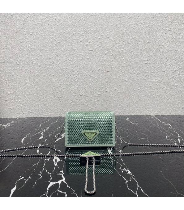 Prada Green Original Leather Card Holder With Shoulder Strap And Crystals