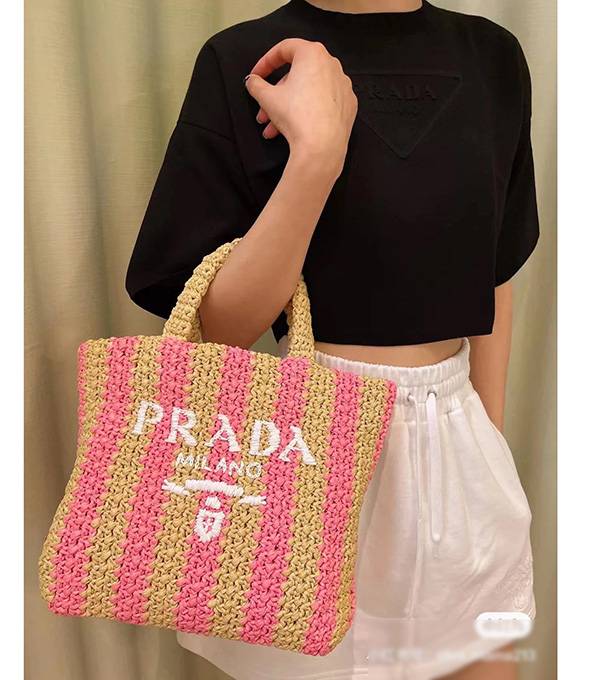 Prada Pink Original Raffia Small Tote Bag