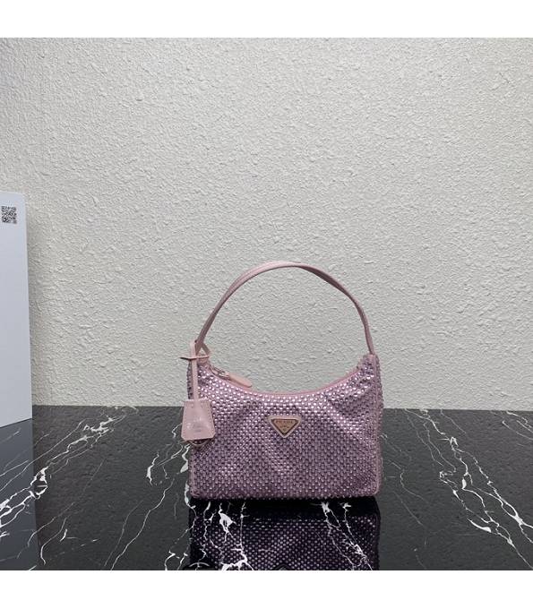 Prada Re-Edition 2000 Mini Hobo Bag Pink Original Leather With Appliques Crystals