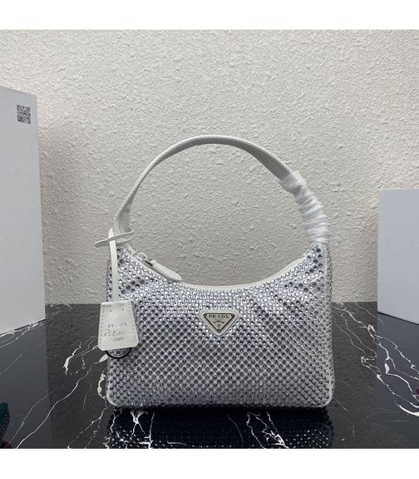 Prada Re-Edition 2000 Mini Hobo Bag White Original Leather With Appliques Crystals