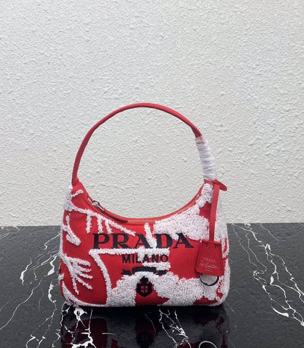 Prada Re-Edition 2000 Red Original Embroidery Nylon Mini Hobo Bag
