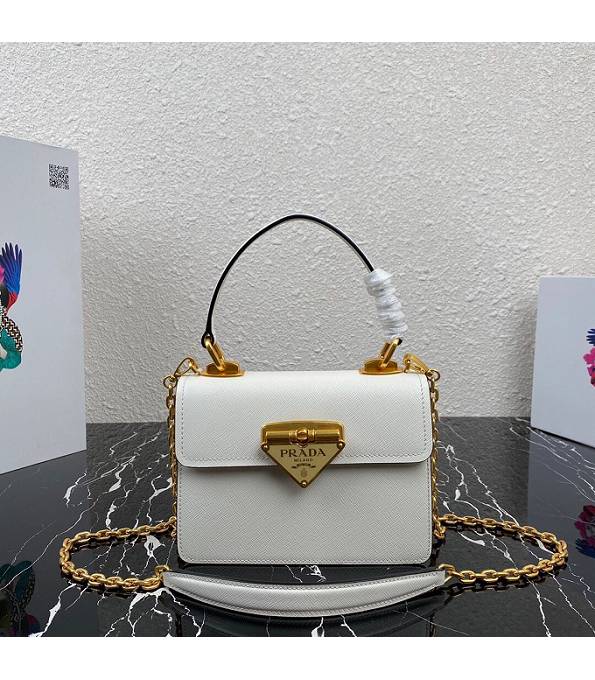 Prada Saffiano White Original Cross Veins Leather Golden Metal Symbole Tote Shoulder Bag