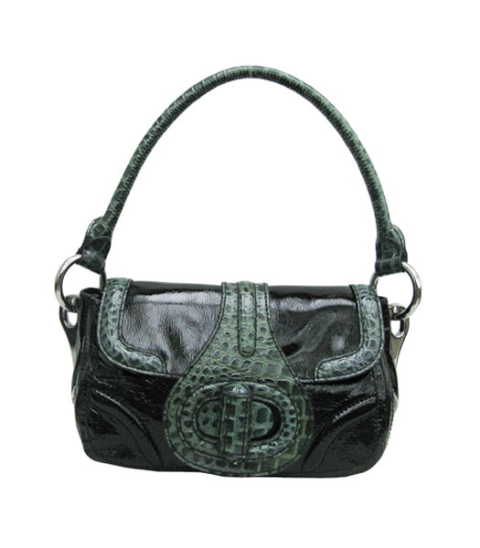 Prada Small Tote Bag Black Calfskin with Green Croc Veins
