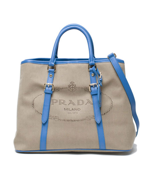 Prada Tessuto Apricot Canvas With Blue Leather Shopping Tote